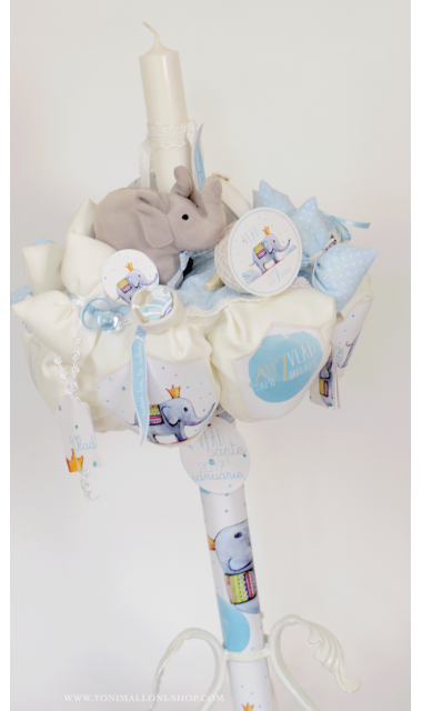 Lumanare de botez  pentru baiati cu elefanti, 65x4 cm, Pui de elefant  2